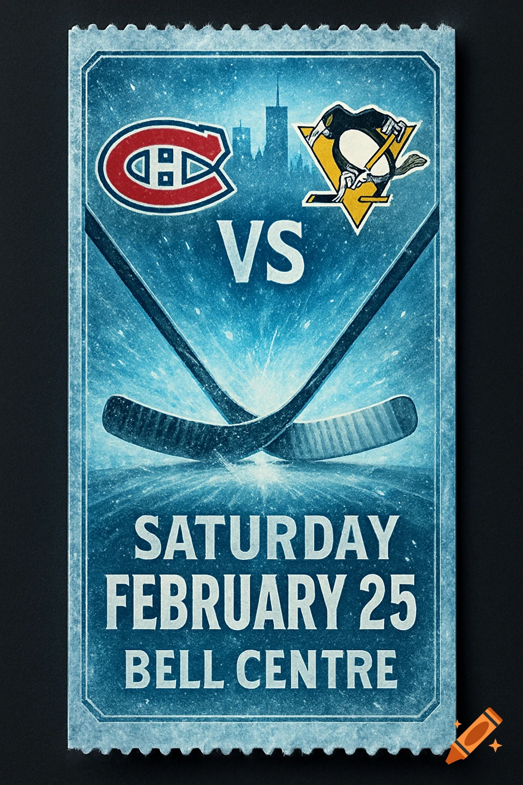 Stylized blue hockey game ticket with Montreal Canadiens vs. Pittsburgh Penguins logos, crossed sticks, and event details.