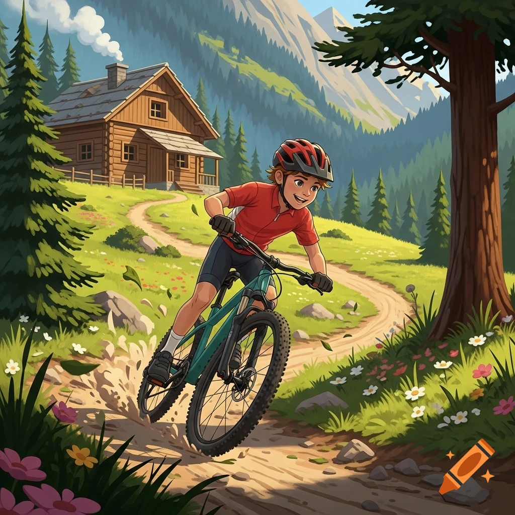 A smiling cartoon boy in a red shirt and helmet rides a mountain bike down a dirt trail with a cabin and mountains in the background.