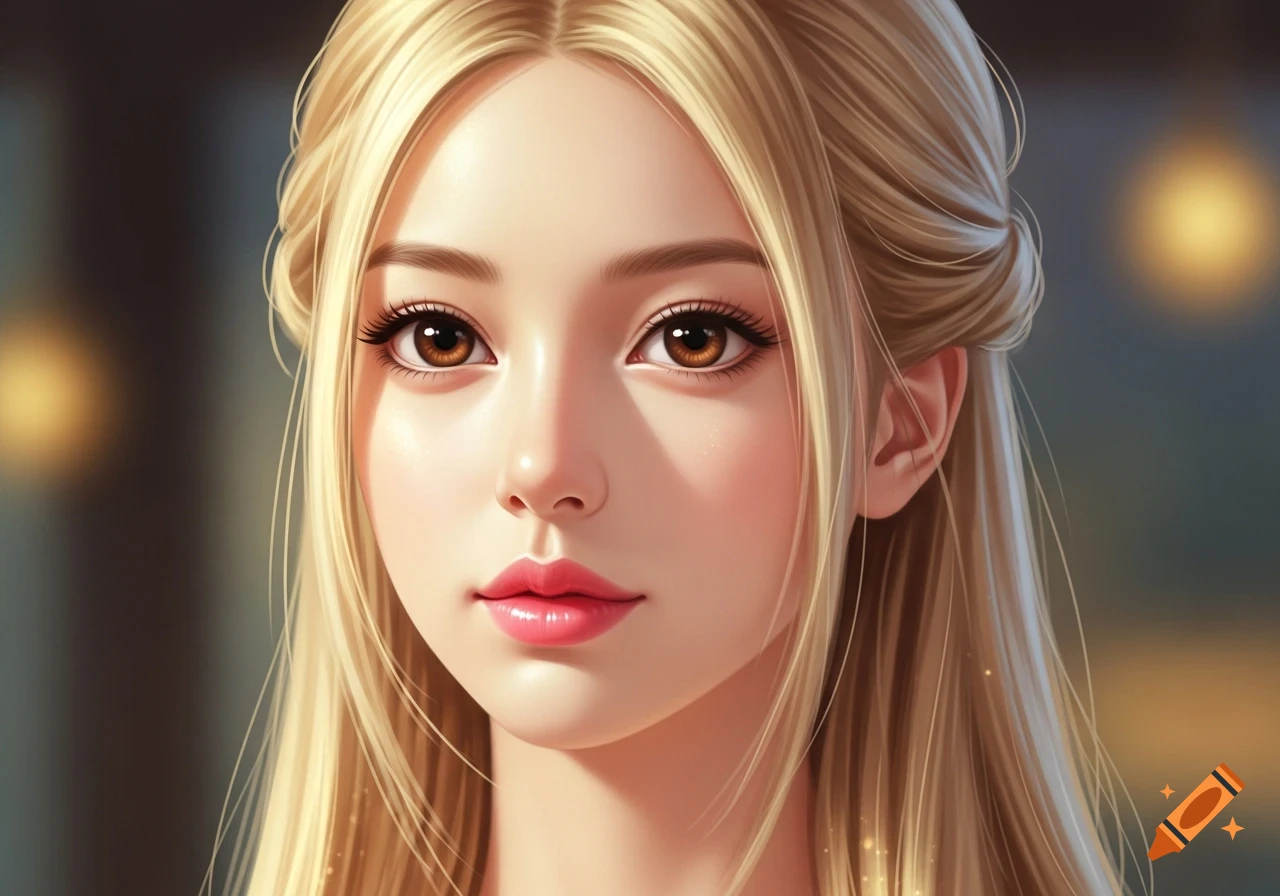 Close-up digital art portrait of a young woman with long blonde hair, fair skin, pink lips, and large brown eyes.