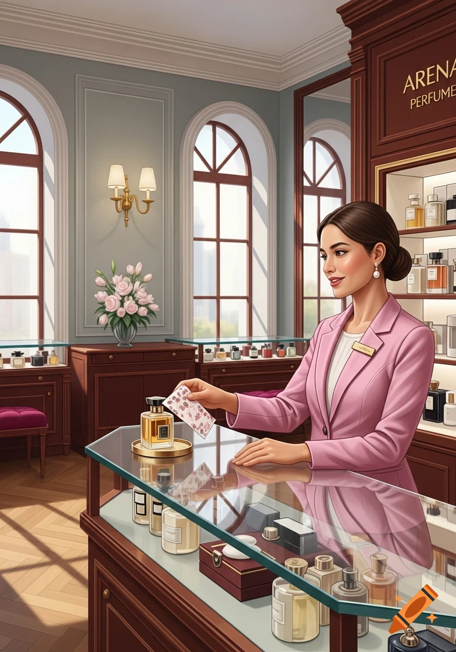 A smiling woman in a pink blazer works as a shop assistant, holding a small card over a perfume bottle in a luxurious perfume store.