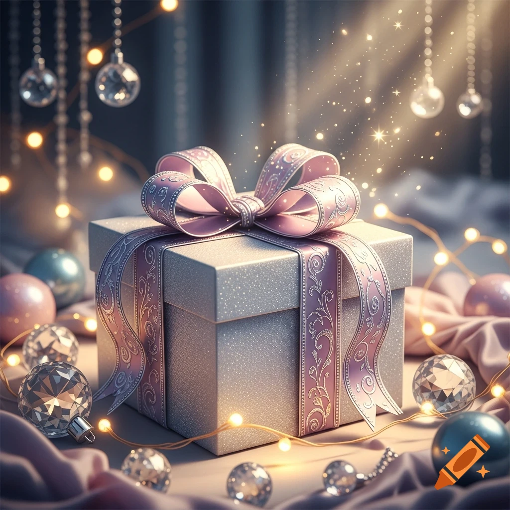 A glittery silver gift box with an ornate pink bow, surrounded by sparkling fairy lights and faceted ornaments in a festive, photorealistic style.