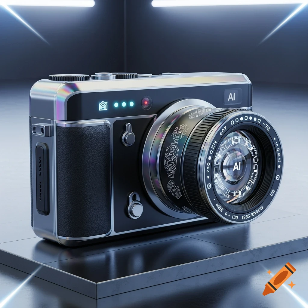 A futuristic silver and black camera with an 'AI' logo on the body and lens, set on a reflective surface with neon lights.