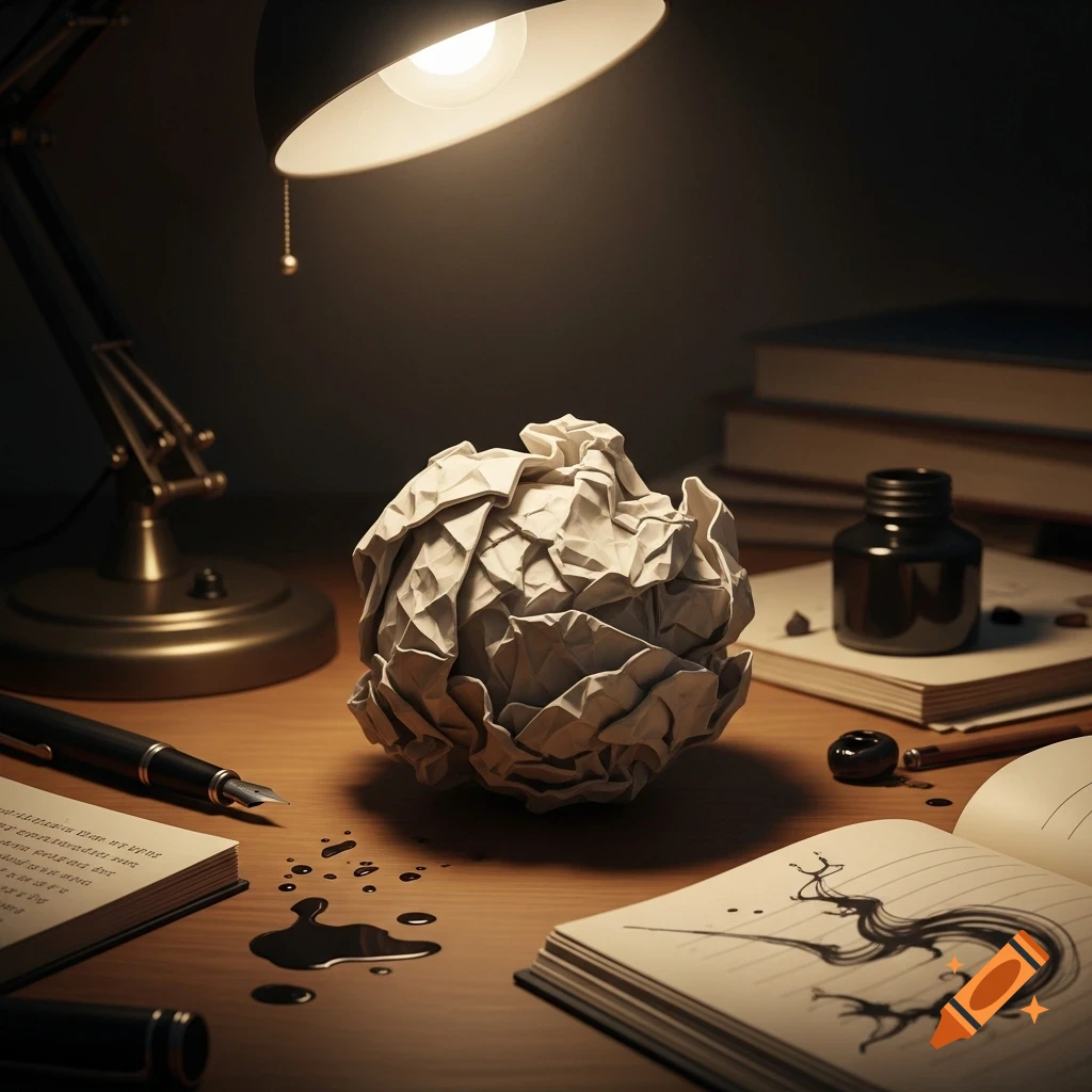 A photorealistic still life of a crumpled paper ball on a wooden desk with a lamp, ink, and open notebooks.