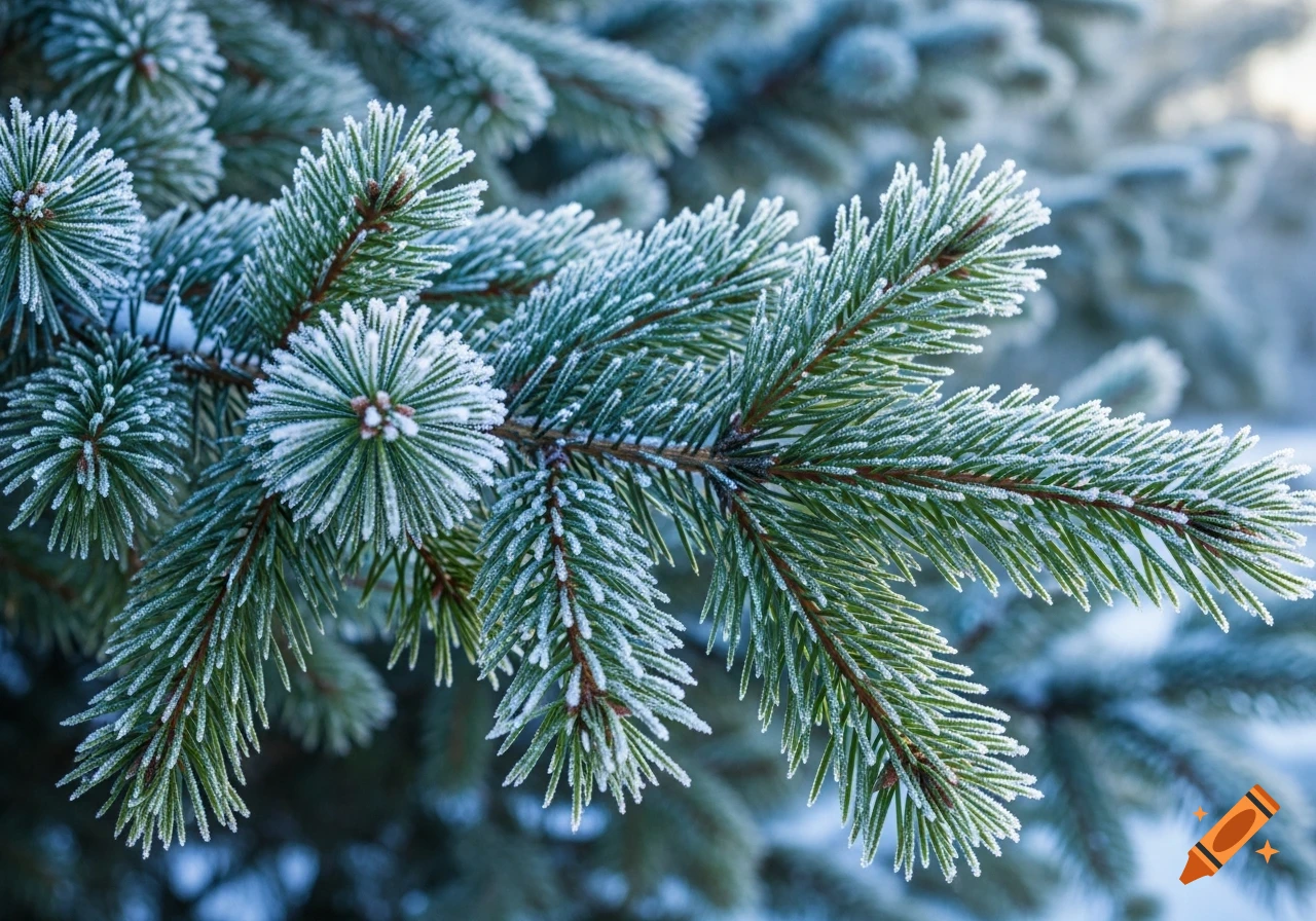 Close-up of green pine branches covered in glistening white frost against a blurred blue-green background. Photorealistic.