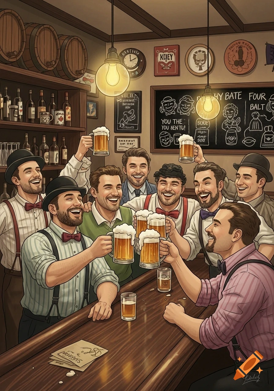A group of jovial men in a pub, raising beer mugs and toasting each other, in a cartoon illustration style.