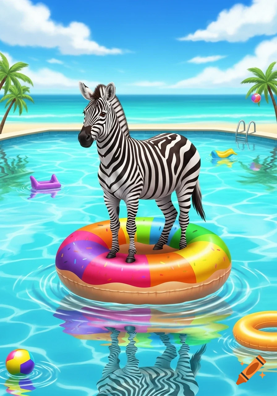 An illustration of a zebra standing on a rainbow donut float in a sunny blue swimming pool with palm trees and ocean in the background.
