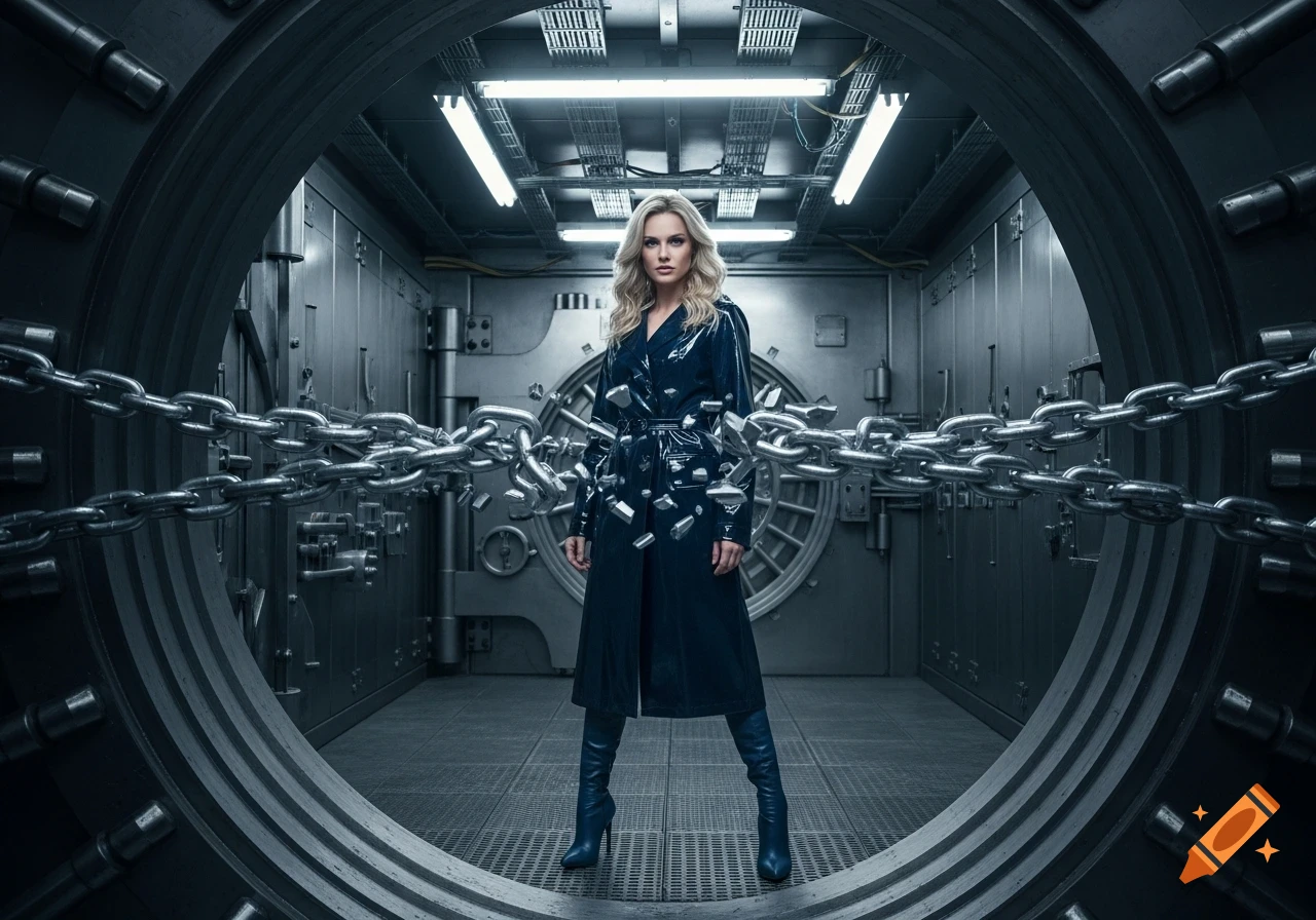 A blonde woman in a shiny dark blue trench coat and boots stands in a ...