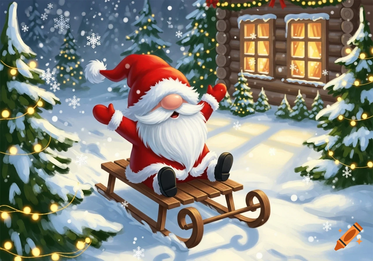 A cheerful cartoon Christmas gnome in a red suit on a wooden sled slides down a snowy hill, surrounded by decorated evergreen trees and a cozy log cabin.