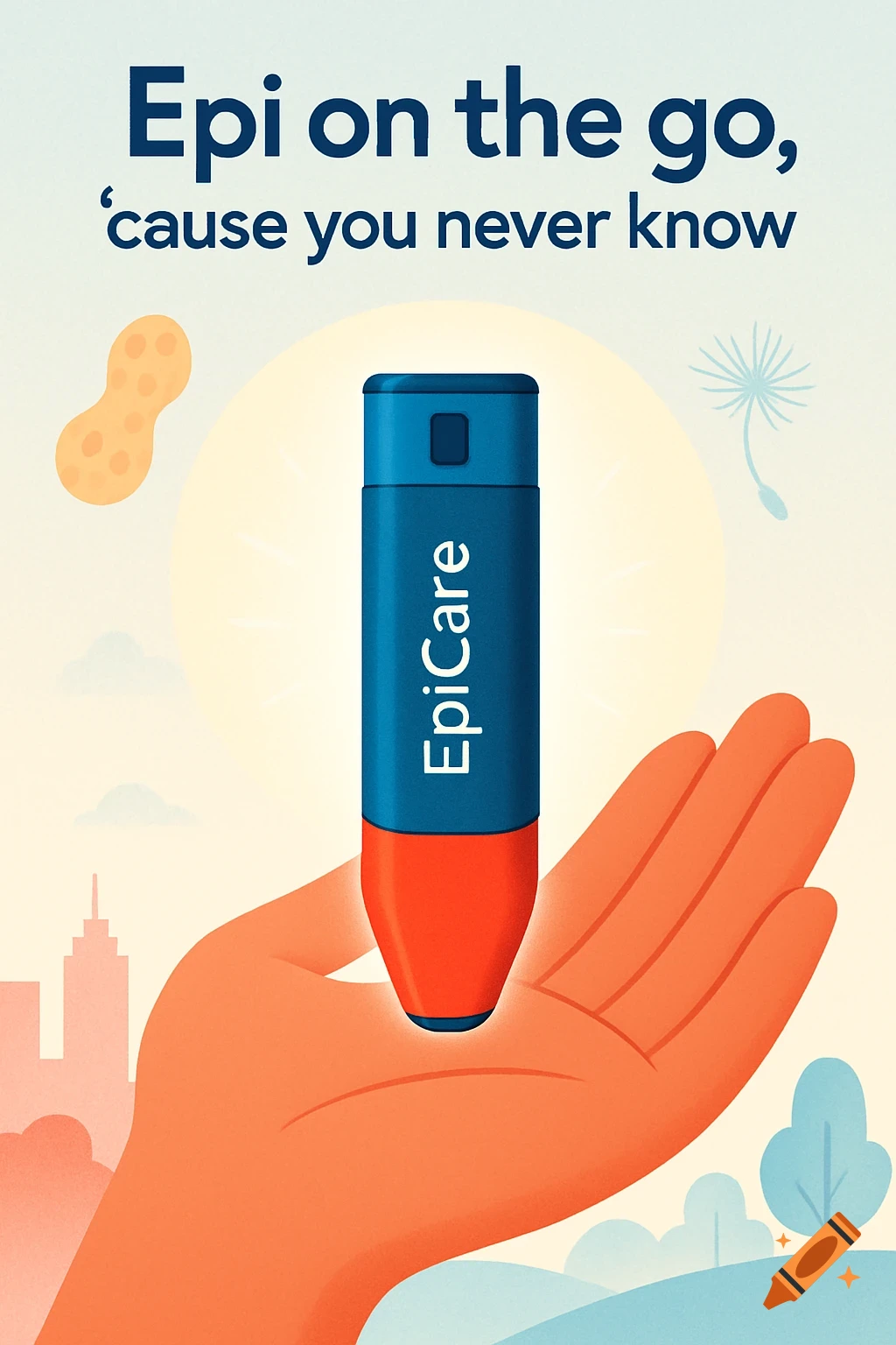 Stylized illustration of a hand holding a blue and orange EpiCare pen, with the slogan 'Epi on the go, 'cause you never know'.
