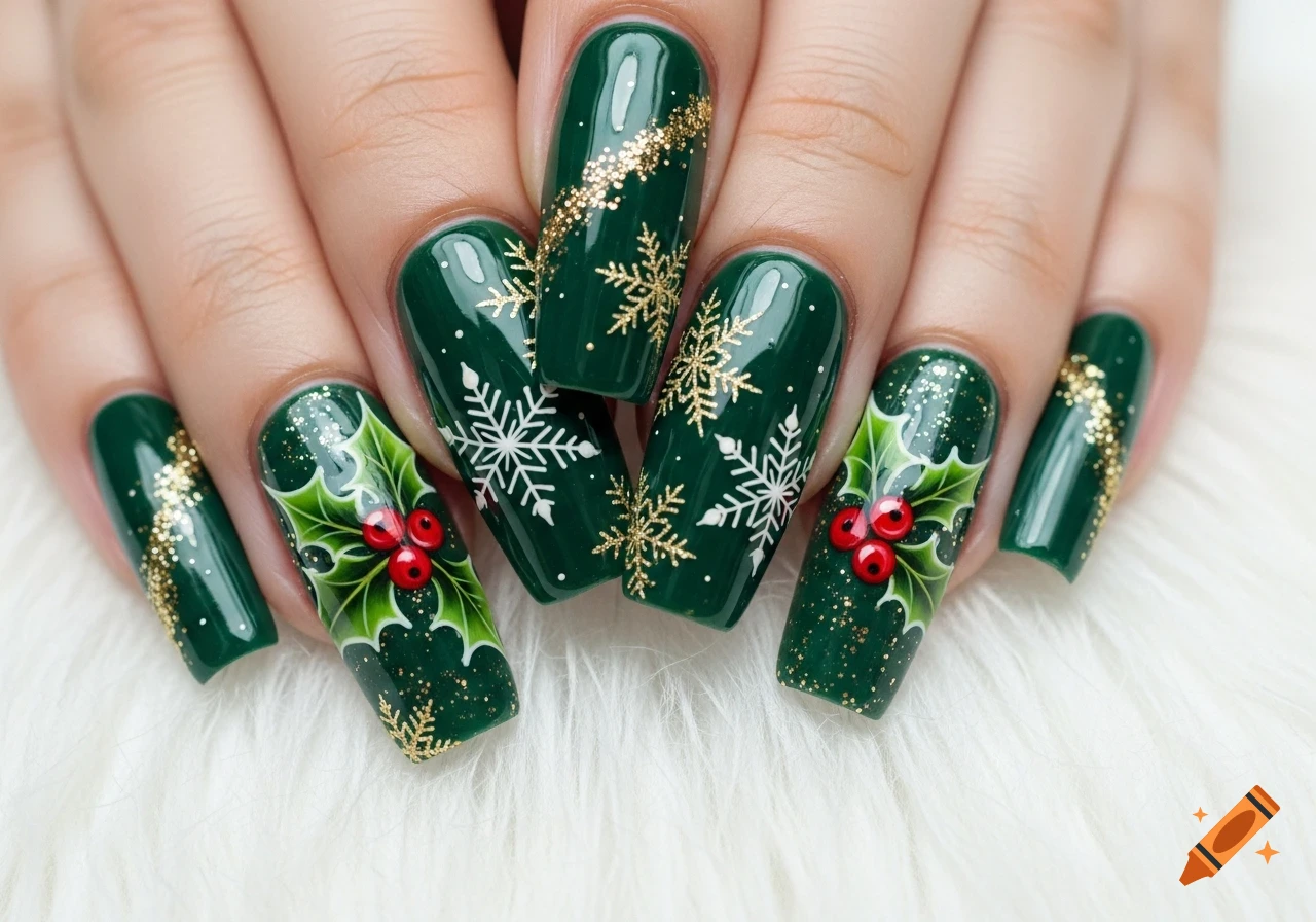 Close-up of a hand with long, green, Christmas-themed nail art, featuring holly berries, white snowflakes, and gold glitter.