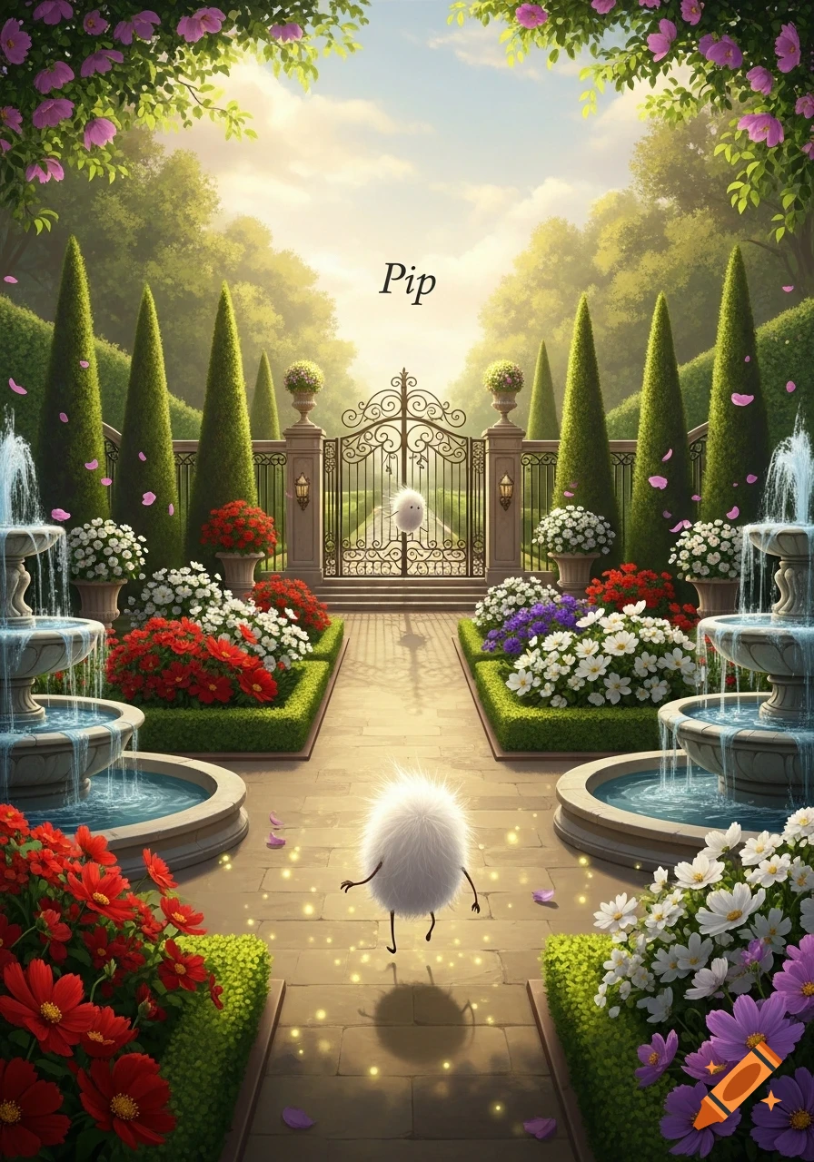 A fluffy white creature, Pip, walks on a path in a grand garden with fountains, colorful flowers, and a large iron gate.