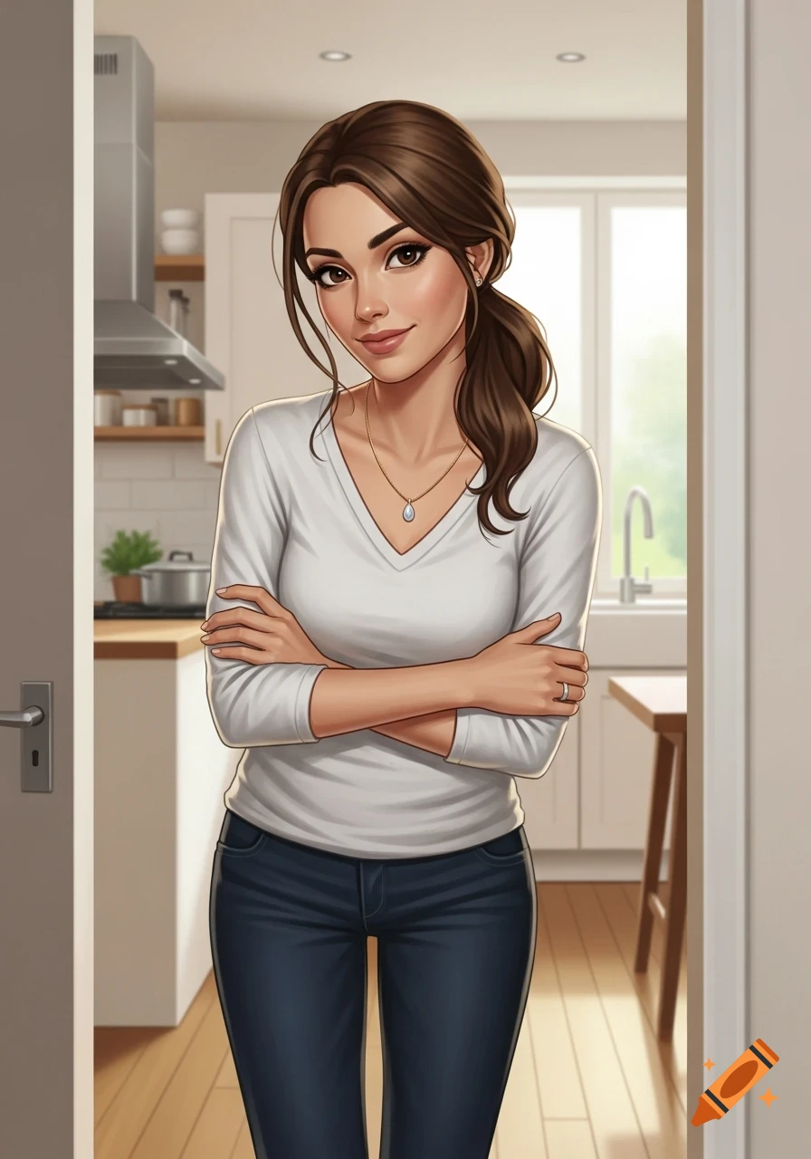 A digitally illustrated woman with brown hair in a ponytail, wearing a white long-sleeve shirt and jeans, stands smiling in a kitchen doorway.