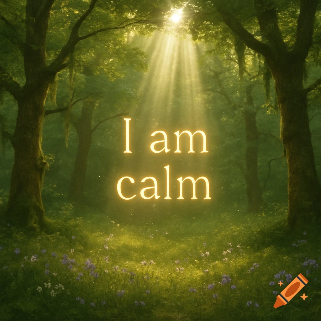 Sunlight streams through a green forest clearing with purple flowers, forming the glowing words 'I am calm' in the center.