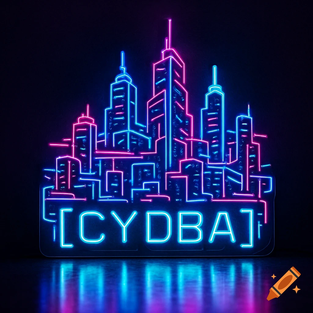 Vibrant neon sign depicting a cyberpunk cityscape with the text [CYDBA] glowing in blue and pink.