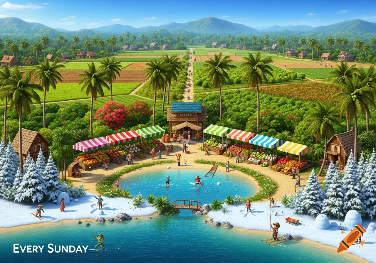 A whimsical illustration of a tropical island village with a busy market and swimming pond, where people enjoy both summer and winter activities in the snow.