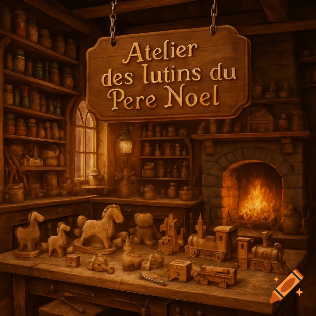 A cozy, warm workshop filled with wooden toys, shelves of jars, a lit fireplace, and a hanging sign.