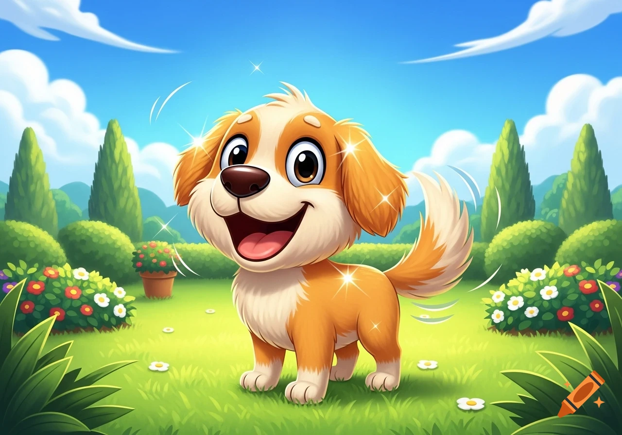 A happy, shiny cartoon dog with floppy ears smiles in a bright green garden with flowers and trees.