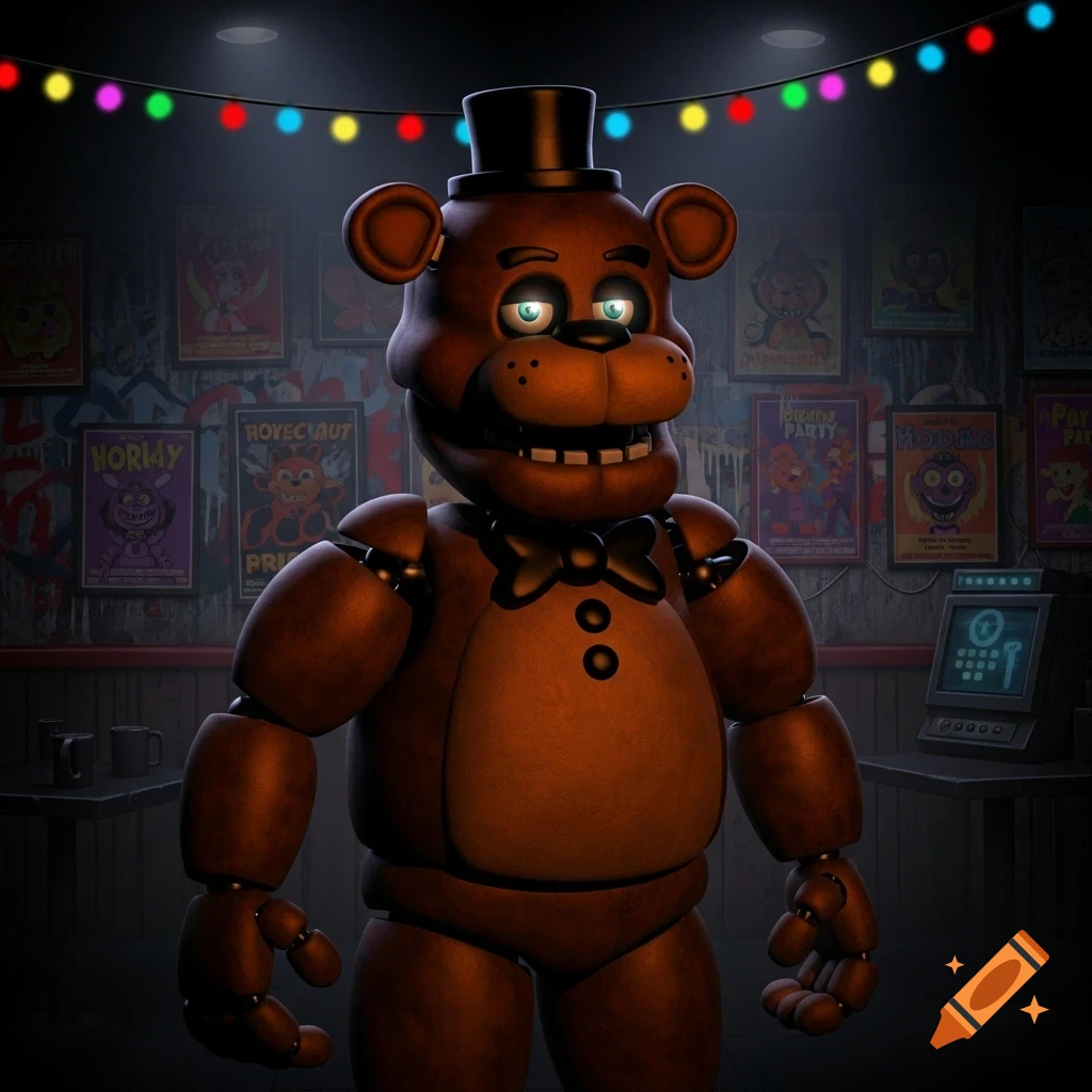 Freddy Fazbear, a brown animatronic bear in a top hat and bowtie, stands in a dimly lit room with colorful fairy lights and posters.