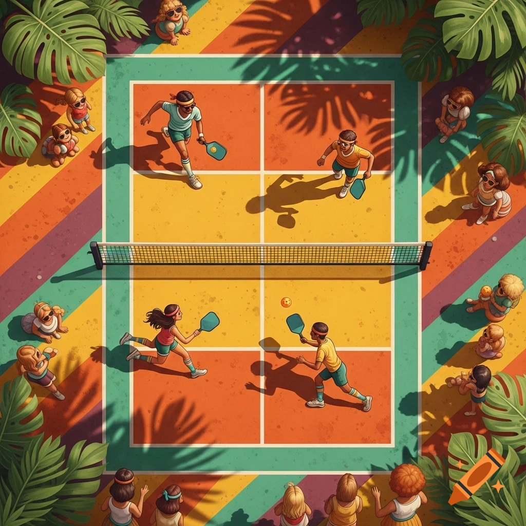 Overhead view of a retro-style pickleball court with players and spectators, shaded by palm leaves.