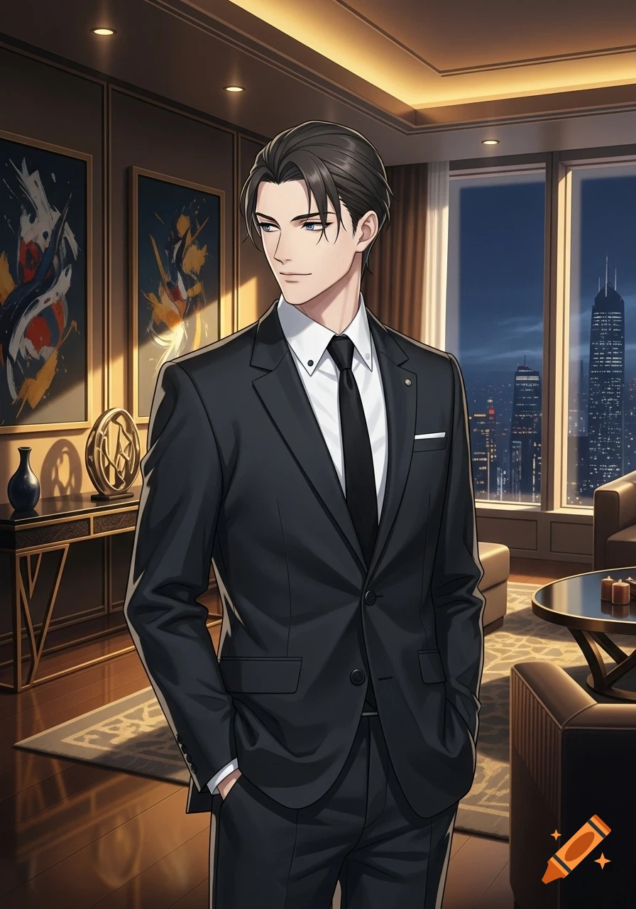 Anime-style man in a dark suit and tie stands in a luxurious room with city lights in the background.