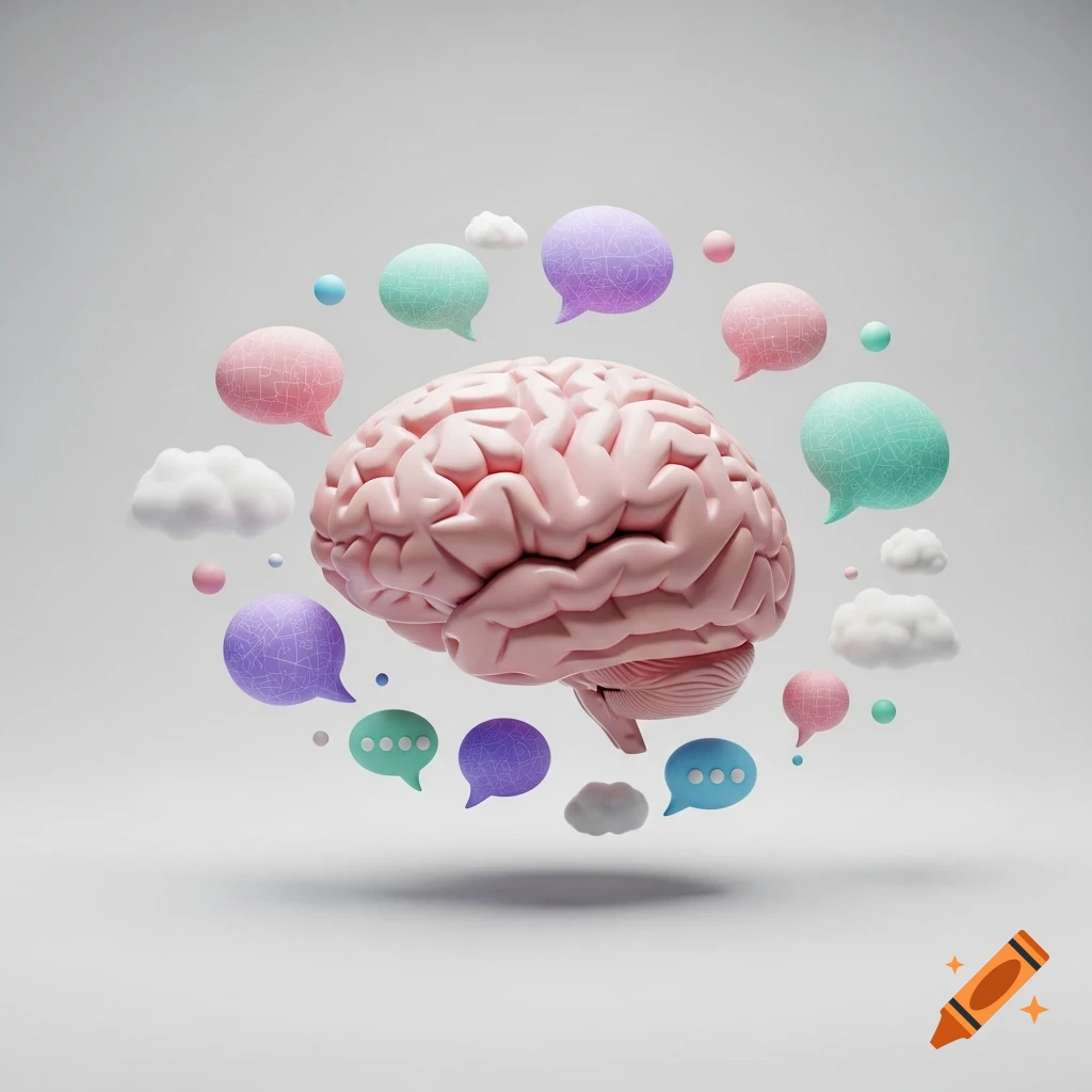 3D render of a pink brain surrounded by pastel speech bubbles and clouds, representing thoughts, against a light gray background.