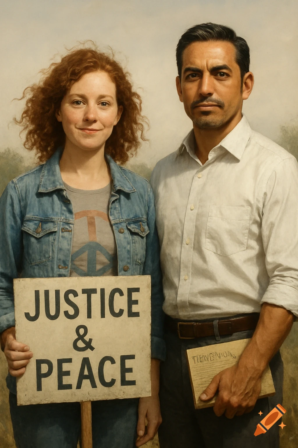 A woman with red curly hair holding a "Justice & Peace" sign stands next to a Hispanic man holding a book, both looking at the viewer in a photorealistic style.