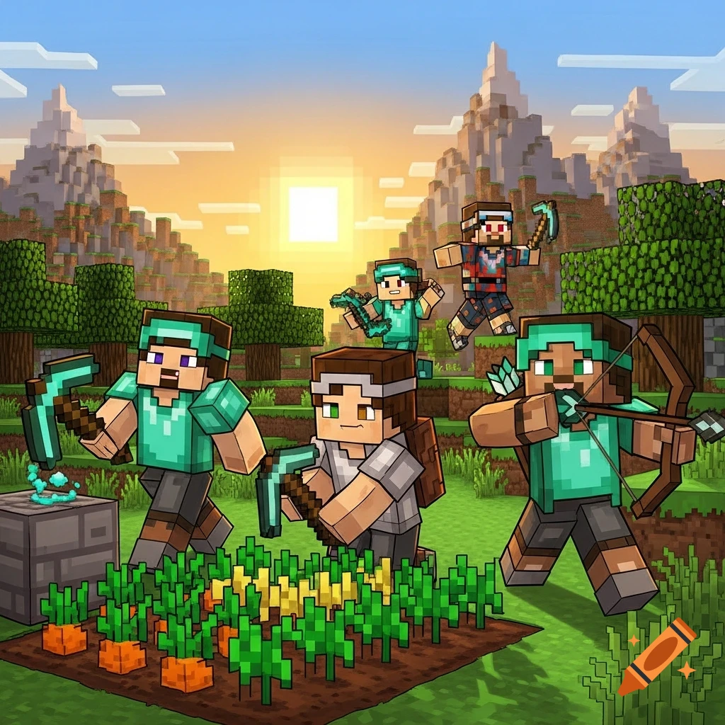 Minecraft-style illustration of blocky characters farming carrots and corn in the foreground, with others exploring blocky mountains at sunset.