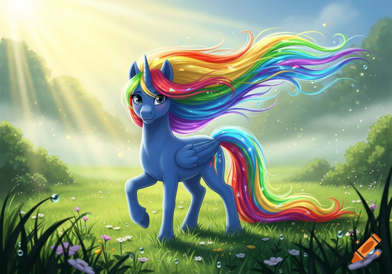 Vibrant illustration of a blue winged unicorn with a flowing rainbow mane and tail, walking in a sunny green field with flowers.