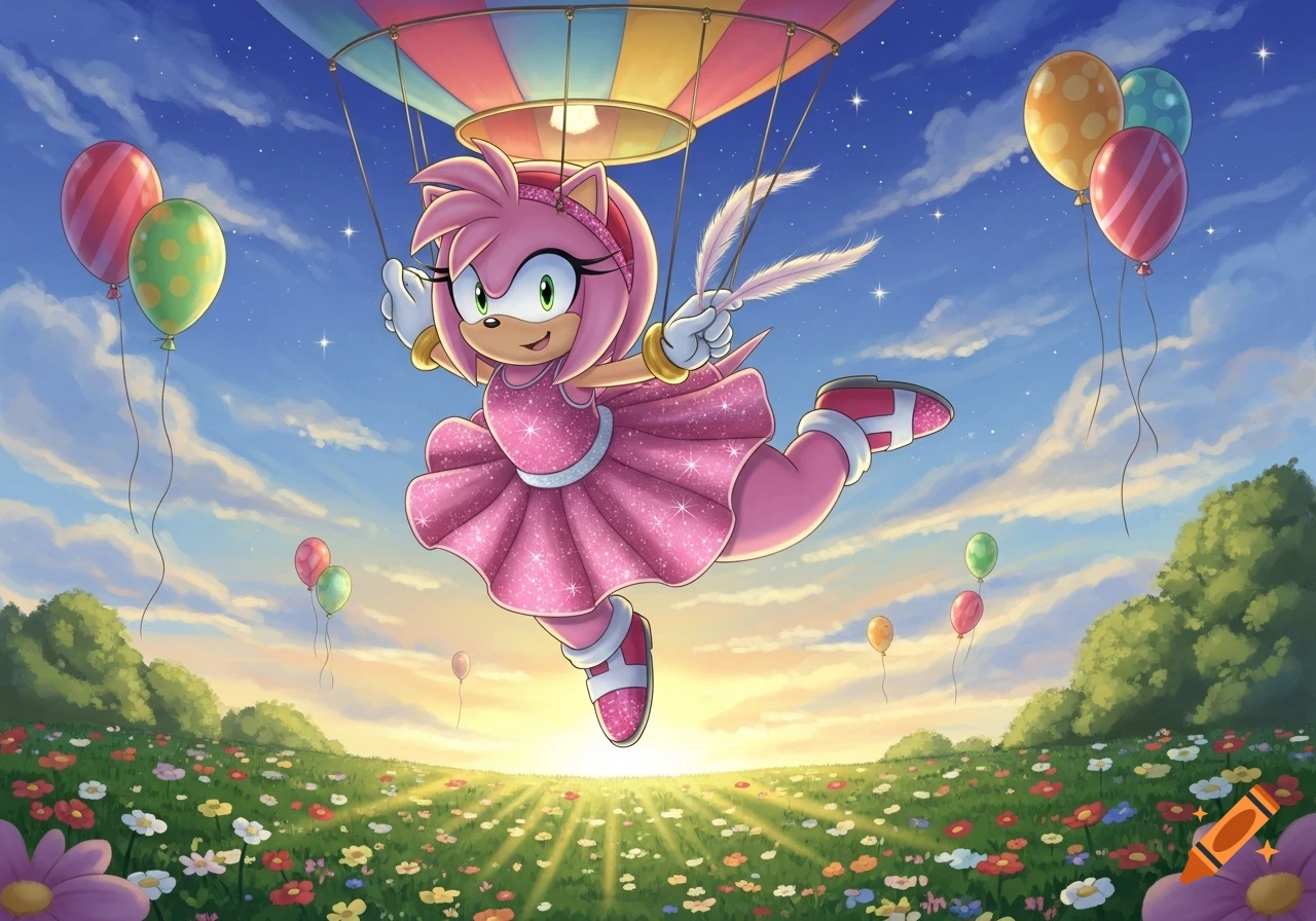 Amy Rose in a sparkling pink dress floats joyfully under a colorful hot air balloon over a vibrant flower field at sunrise.