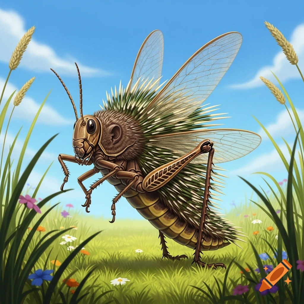 An illustrated grasshopper-porcupine hybrid with quills on its back stands in a vibrant green field with colorful wildflowers under a blue sky.