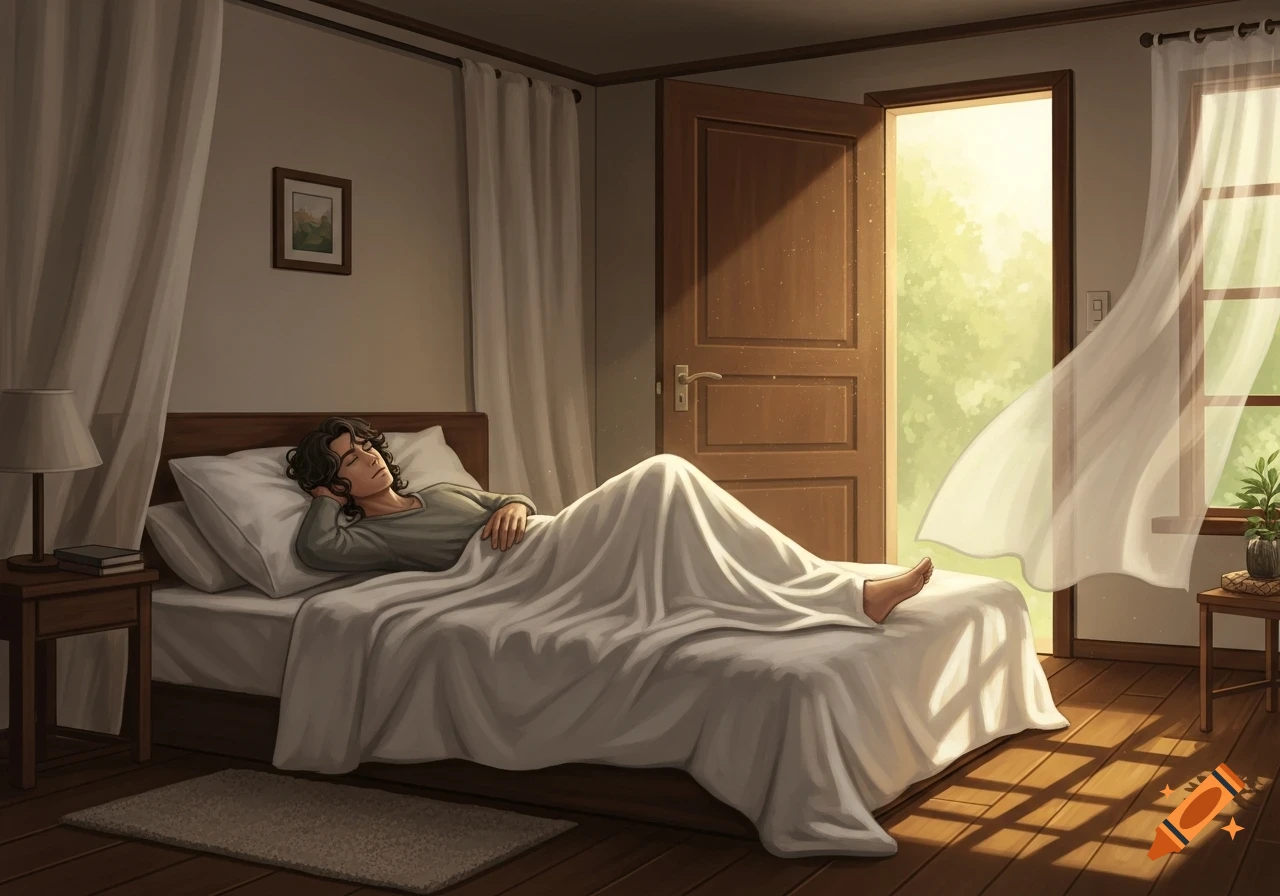 An illustration of a man sleeping in a sunlit bedroom with an open door and flowing curtain.