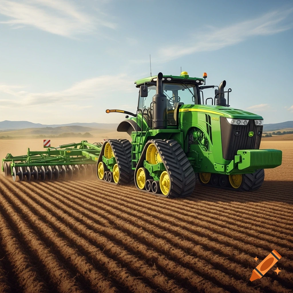 Photorealistic image of a green John Deere tractor with tracks pulling a disc plow across a freshly tilled field under a blue sky.