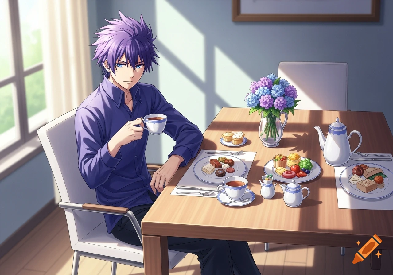 An anime man with purple spiky hair and blue eyes sips tea at a sunlit dining table laden with pastries, a teapot, and flowers.