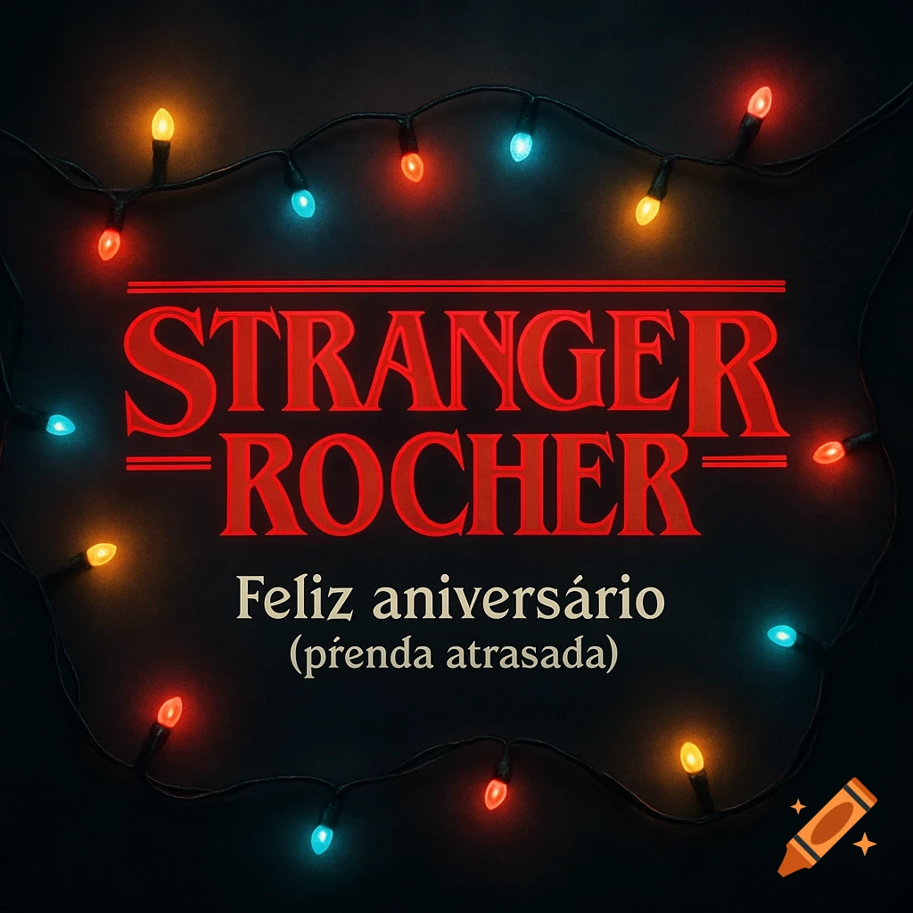 Stranger Things inspired 'STRANGER ROCHER' logo in red, surrounded by colorful string lights, with a birthday message on a dark background.