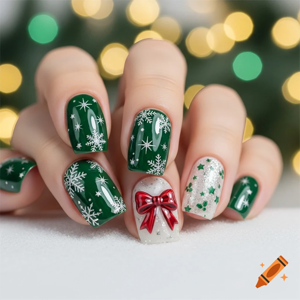 Close-up of a hand with green and white Christmas-themed gel nail art featuring snowflakes, stars, and a red bow on a glittery background.