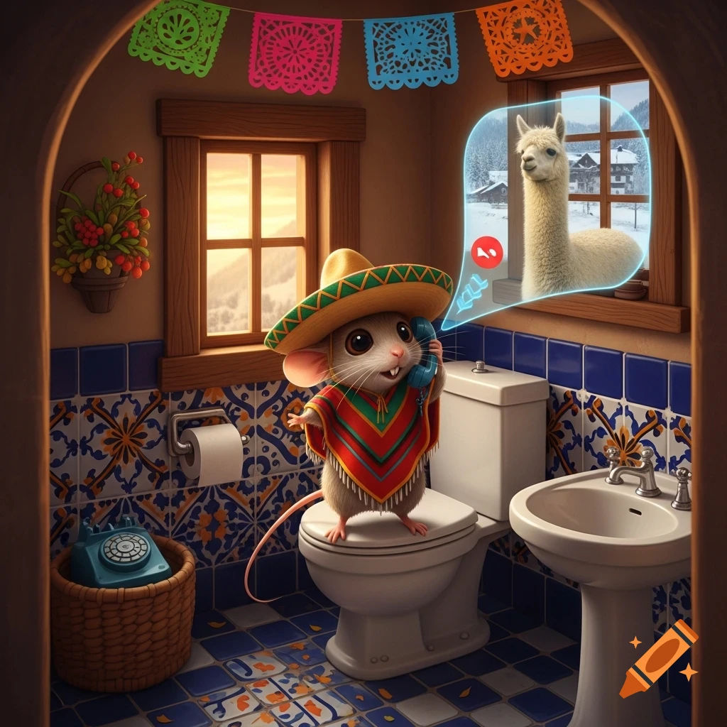 A cute mouse wearing a sombrero and poncho stands on a toilet in a Mexican-style bathroom, talking on a blue phone to an alpaca in a speech bubble.