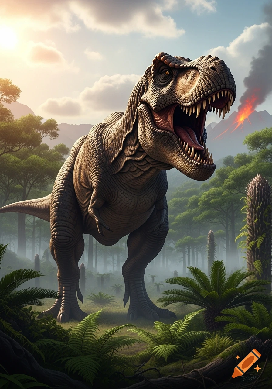 A powerful Tyrannosaurus Rex roars in a lush prehistoric jungle with an erupting volcano in the background, under a cloudy sky.