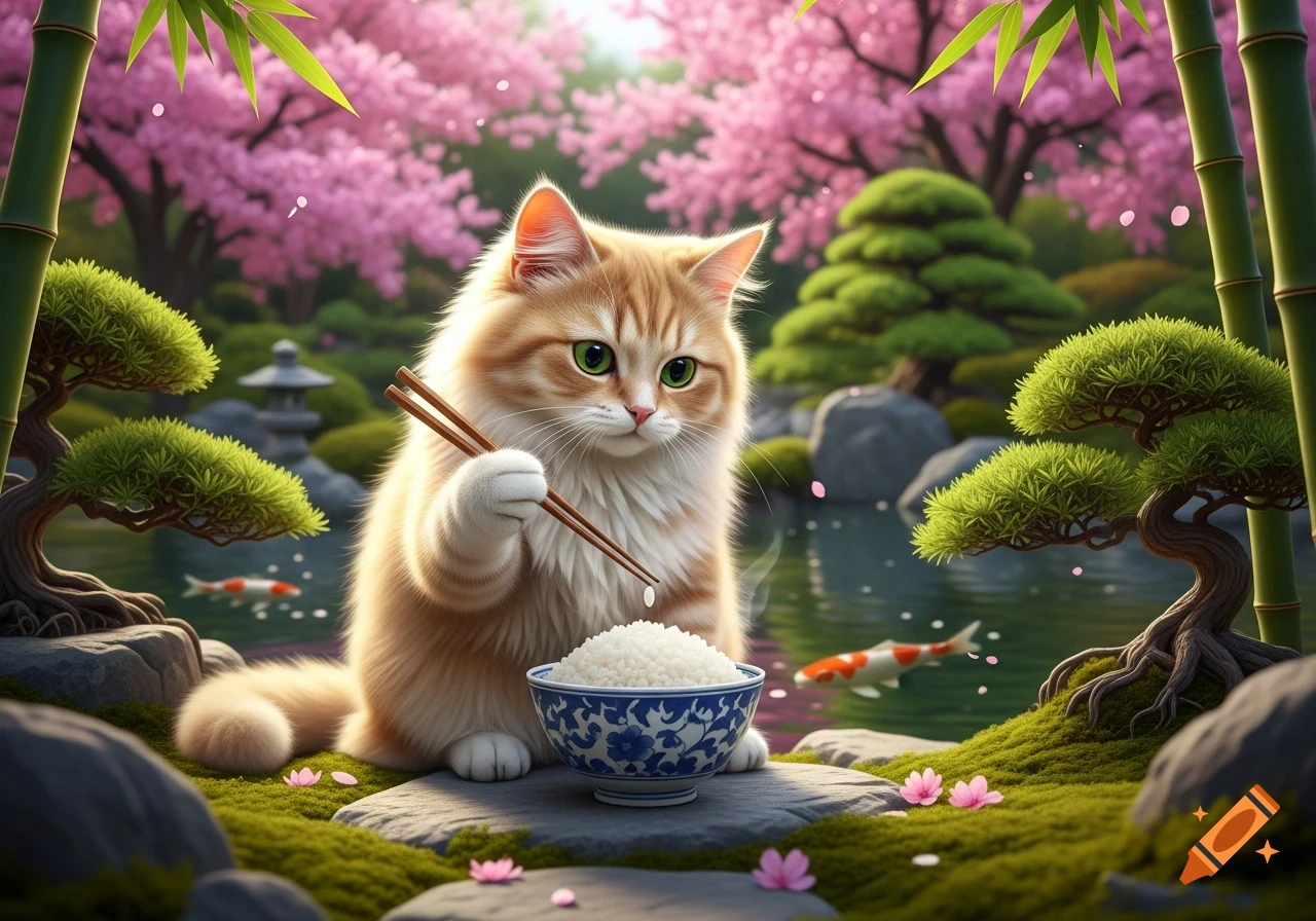 A photorealistic ginger cat sits in a Japanese garden, holding chopsticks and eating rice from a blue and white bowl.