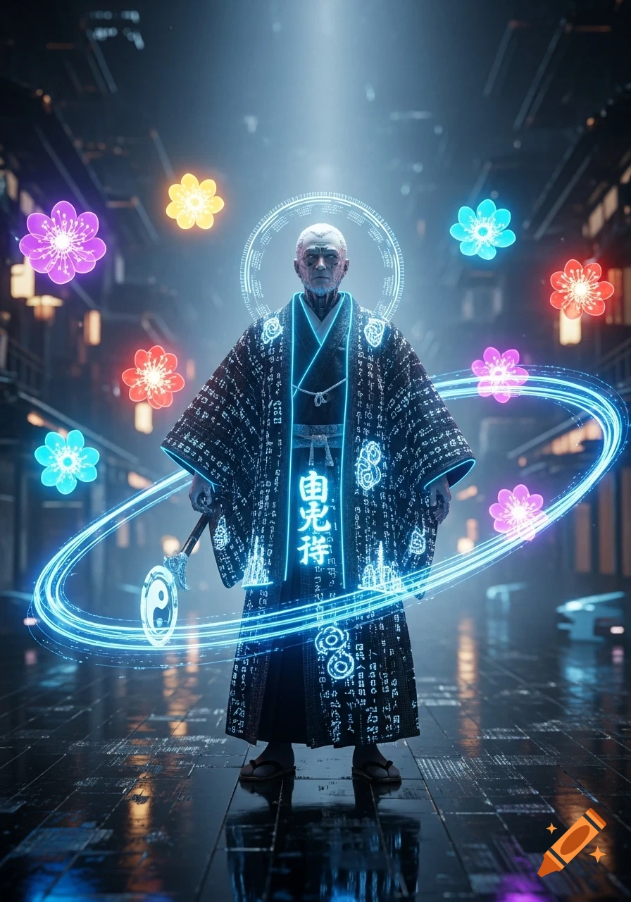 A digital sorcerer in a glowing kimono stands in a cybernetic Kyoto, surrounded by neon flowers and light streams forming a yin-yang symbol.