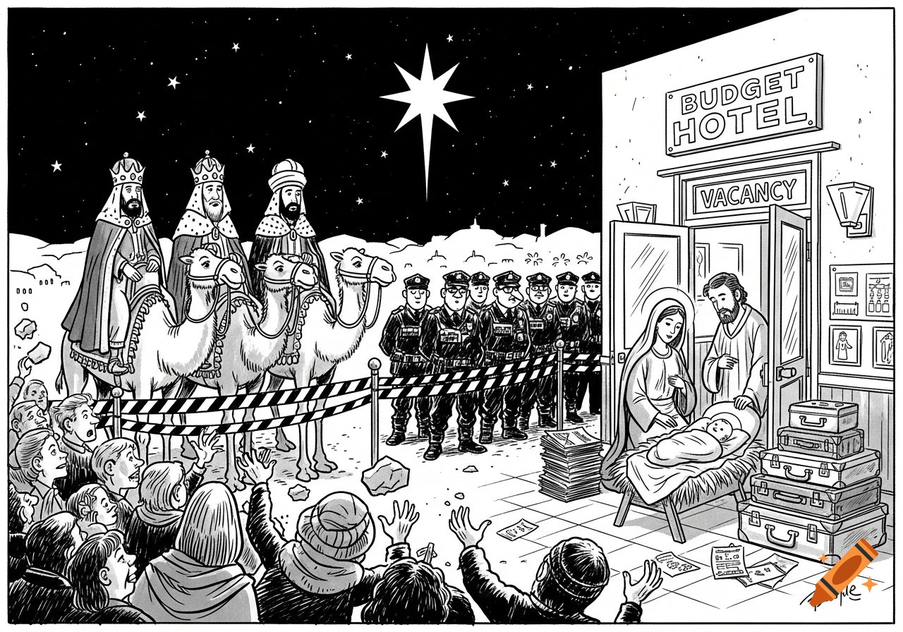 A black and white cartoon of a modern nativity scene. The three wise men on camels are held back by a police cordon, while a mob throws rocks. Mary, Joseph, and baby Jesus are in a crib inside a "Budget Hotel" lobby.