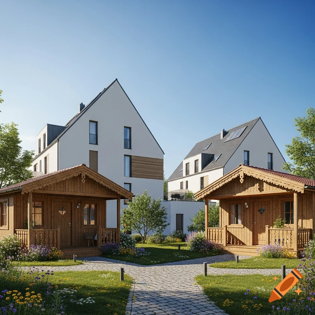 Photorealistic image of two modern residential buildings and two rustic wooden cabins in a landscaped garden with a winding path.