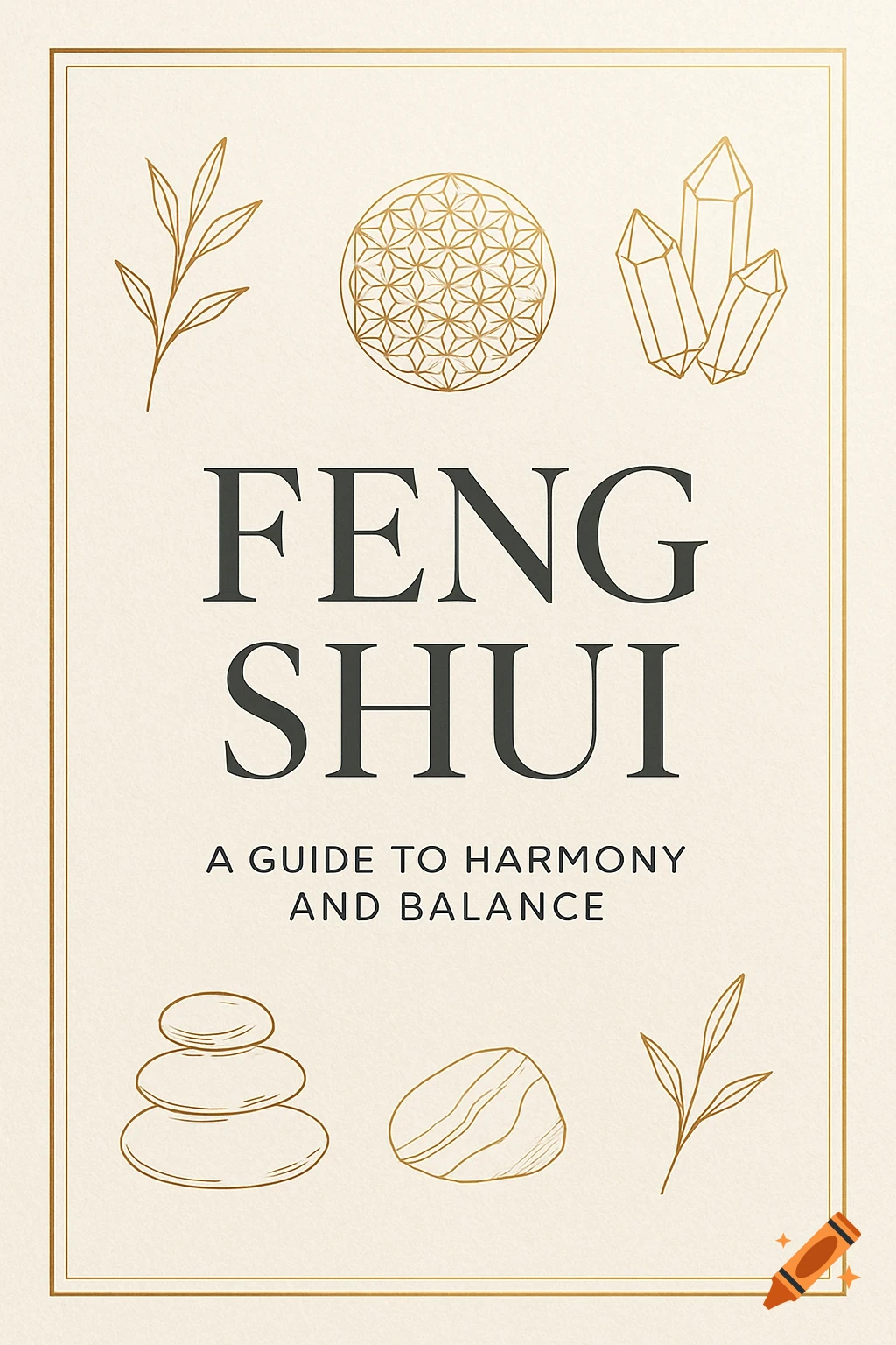 Elegant Feng Shui book cover with golden accents, leaves, crystals, geometric patterns, and stones on a cream background. Title 'FENG SHUI'.