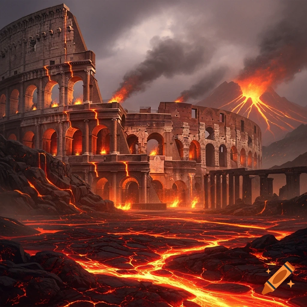 A ruined Colosseum engulfed by lava from an erupting volcano under a dark, smoky sky.