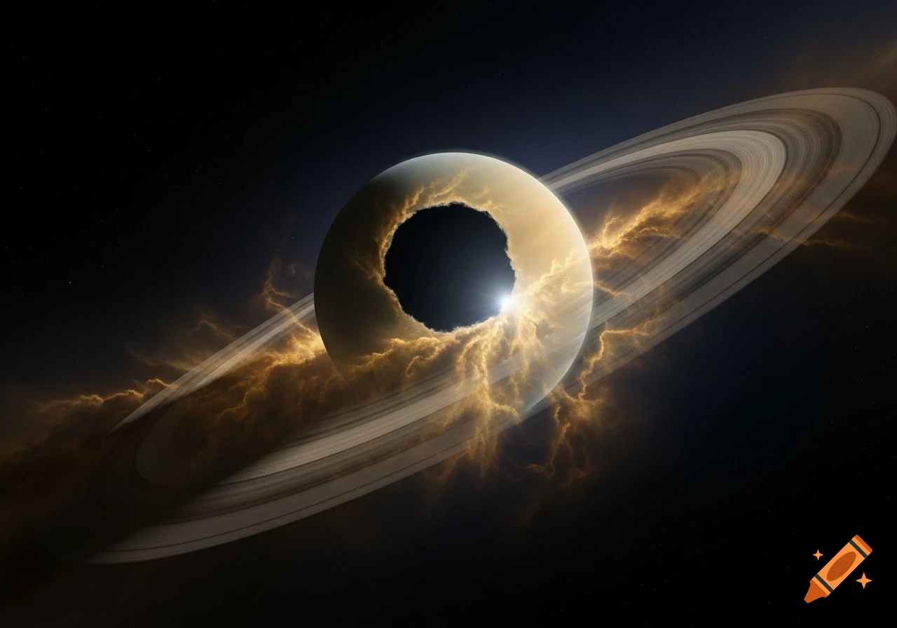 A stylized planet similar to Saturn with a gaping black hole in its center, surrounded by rings and golden energy clouds in dark space.