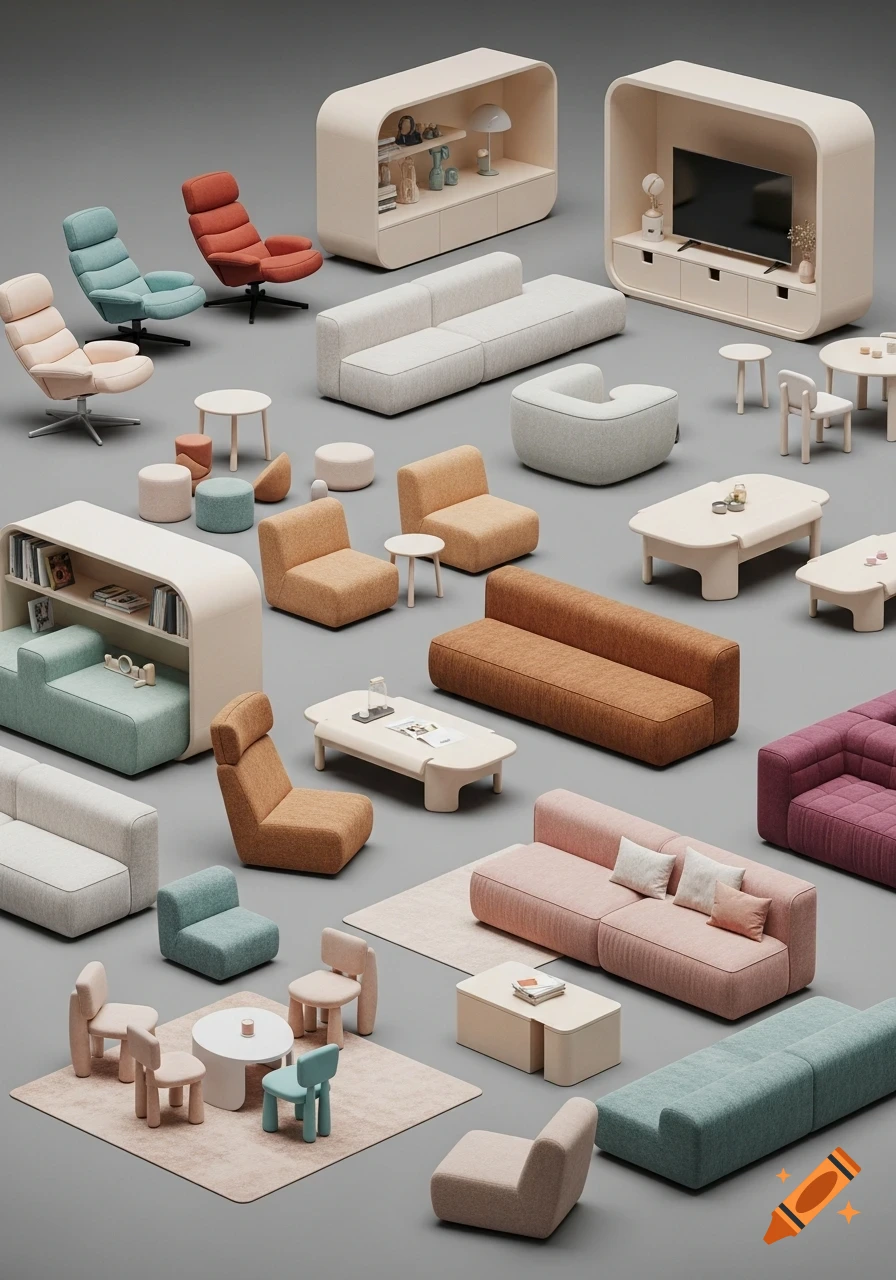 A collection of modern, minimalist furniture pieces including sofas, chairs, tables, and ottomans, displayed on a grey background.