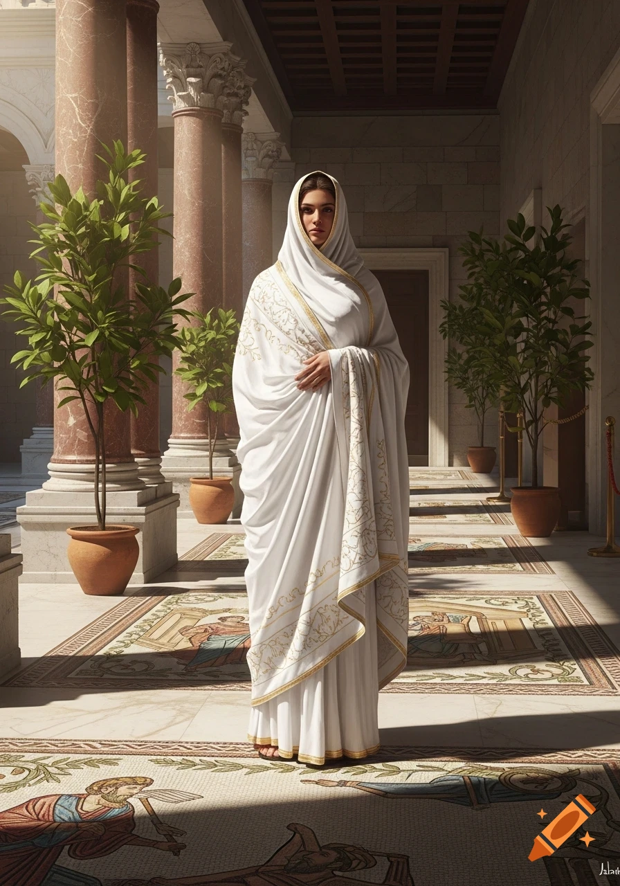 A woman in a white toga with gold trim stands in a sunlit ancient Roman courtyard with columns and mosaic flooring.