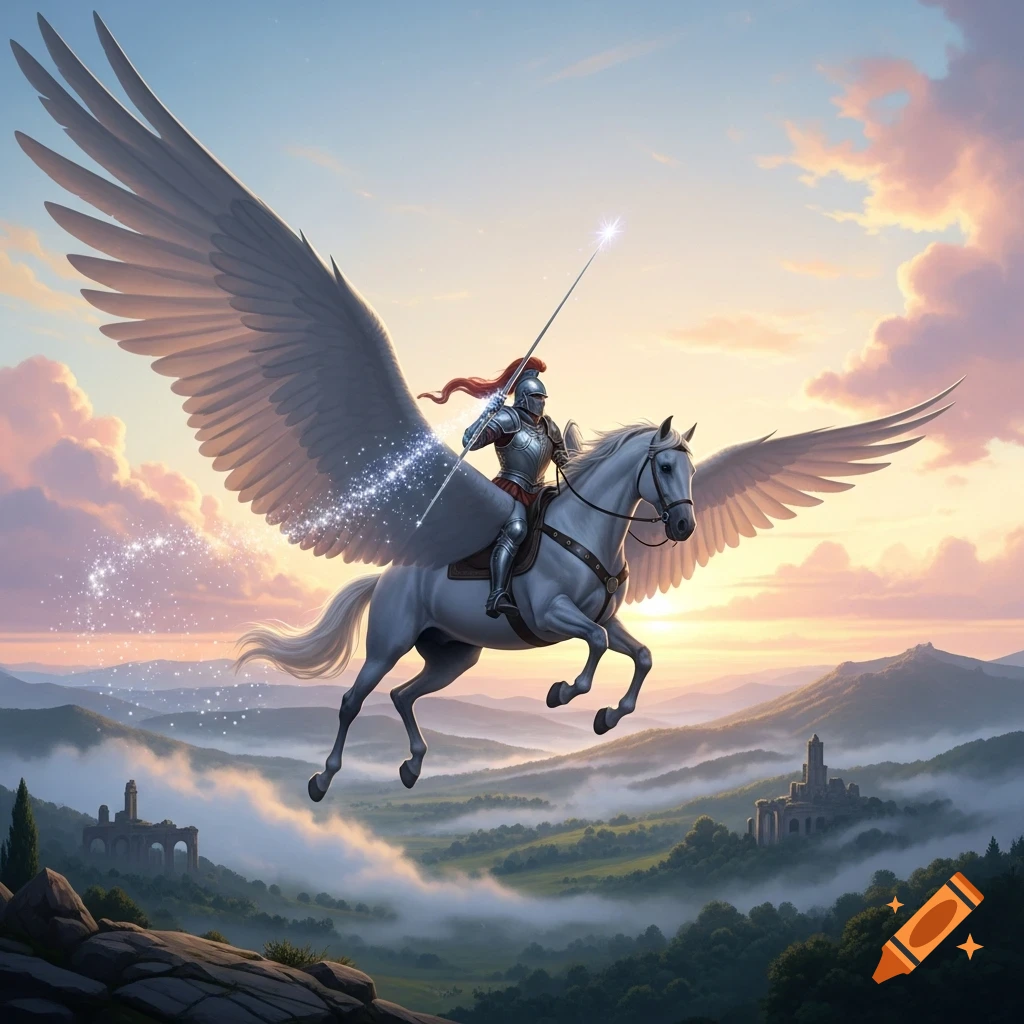 A knight in shining armor rides a white winged pegasus through a misty, mountainous fantasy landscape at sunset, carrying a glowing spear.