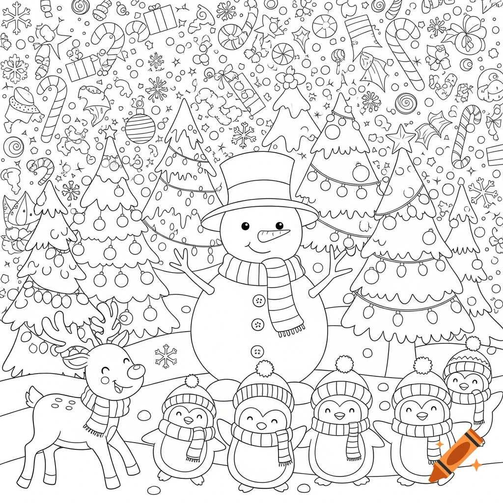 Black and white Christmas coloring page with a snowman, penguins, and a reindeer in a snowy forest with decorated trees.