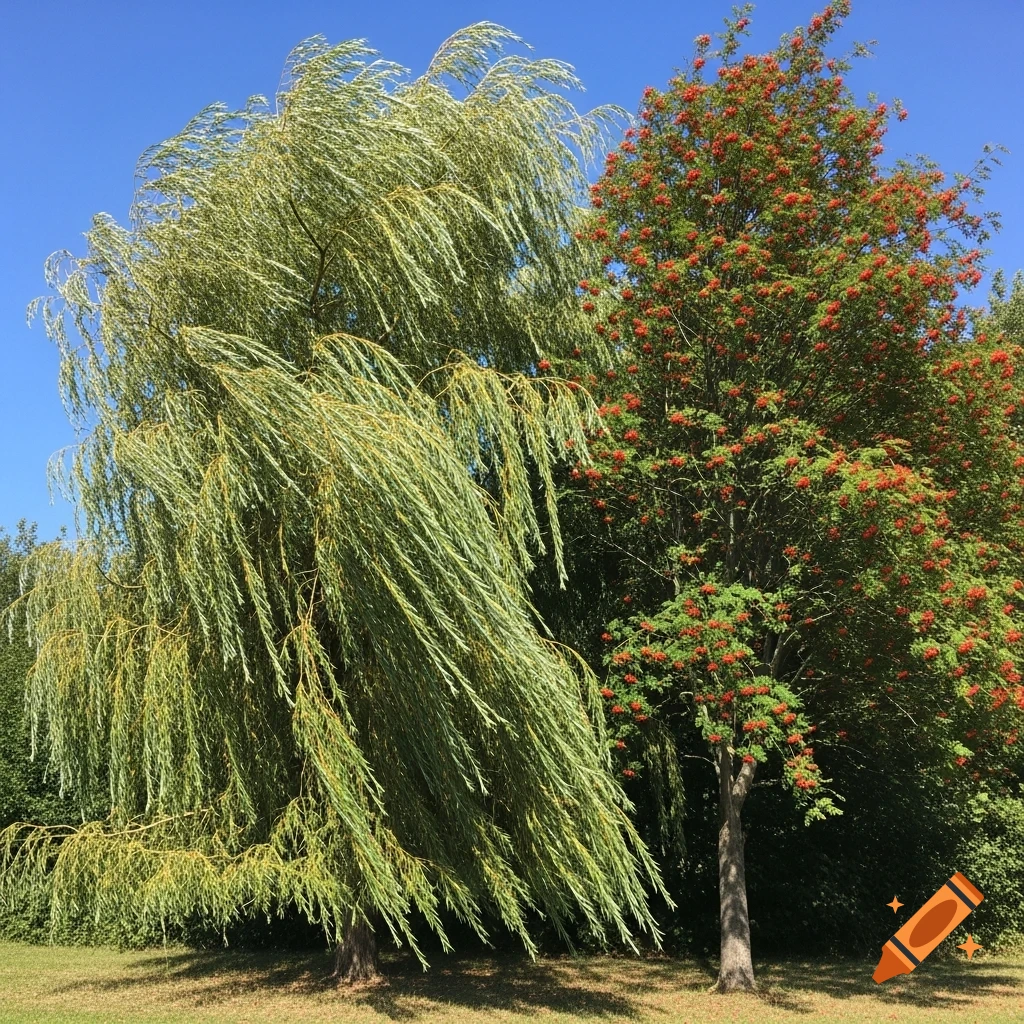A weeping willow with wind-swept branches stands next to a rowan tree with abundant red berries under a clear blue sky.