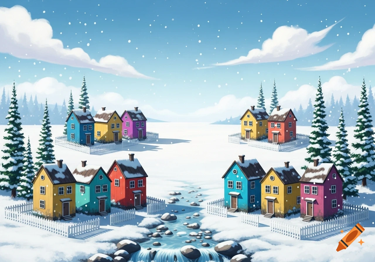 Colorful cartoon houses in a snowy winter landscape with pine trees, a flowing river, and falling snow.